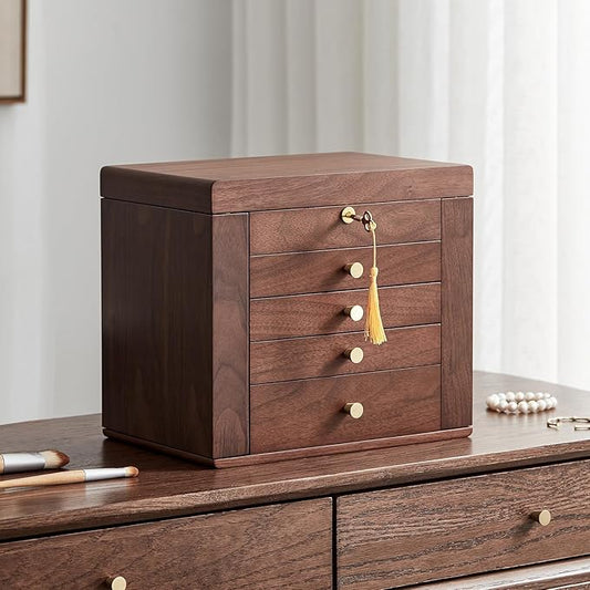 Black Walnut Wooden Jewelry Box Wood Jewelry Organizer with 2 Side Doors Mirror Lockable Classical Style for Watch Necklace Ring Earring Storage Mothers Day Gifts for Mom-5 Layer