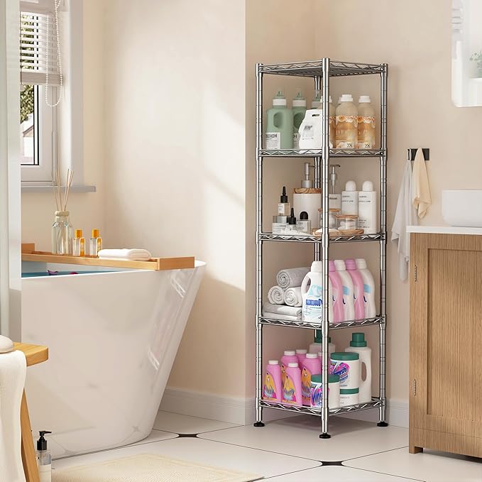 DurayLoly Set of 2 Metal Shelving-5 Tier Storage Shelves:AdjustableShelving and Units Standing Shelving Storage Rack Narrow Shelf for Kitchen Pantry Closet Office 12''Wx12''Dx49''H Chrome