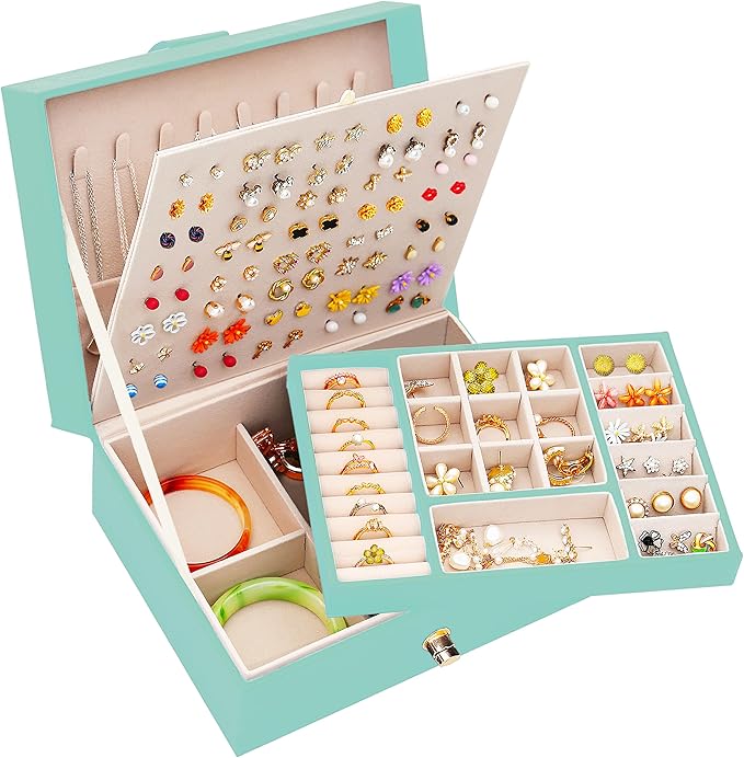 Earrings Jewelry Box for Girls, Large Capacity Jewelry Organizer with 40-Pair Earring Board, 2-Layer Leather Jewelry Storage Box for Necklaces Rings Bracelets with Removable Tray(Gift Idea),Turqueoise