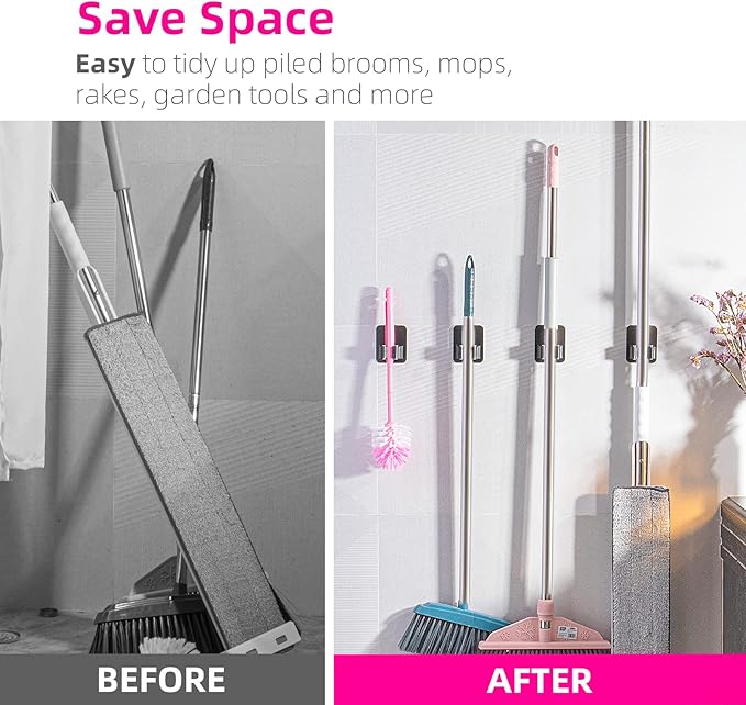 4 Pack Broom Holder Wall Mount, Improved Super Anti-Slip Mop and Broom Holder Wall Mount, Broom Hanger Gripper for Kitchen, Bathroom, Closet, Garden Garage, Black | Super Anti-Slip, Mop and Broom Holder, Broom Hanger Gripper, for Kitchen, Bathroom, Closet