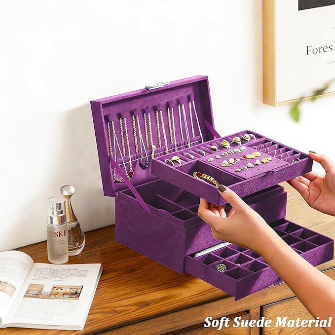 QBestry 3-Layer Jewelry Box for Women with Lock and Key & Drawer, Large Jewelry Organizer with 8 Necklace Hooks & 56 Earring Holes, Purple Velvet Jewelry Storage Box for Necklace Earring Ring Bracelet