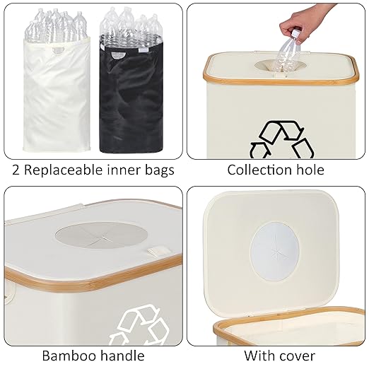 iEGrow 29 Gallons Recycling Bins for Kitchen, Indoor Recycle Bins with Lid, 110L Large Recycle bin with 2 Removeable Reusable Inner Bags, for Bottles Cans Glass Plastice Cartons(Beige)