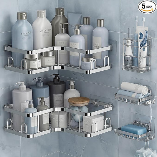 Veken Corner Shower Caddy 5-Pack, Advanced Rustproof Design, No Drilling Adhesive Shelves, Rack with Soap Holder, Large Capacity Bathroom Organizers and Storage, Wall-Mounted Kitchen&Home Decor,Silver