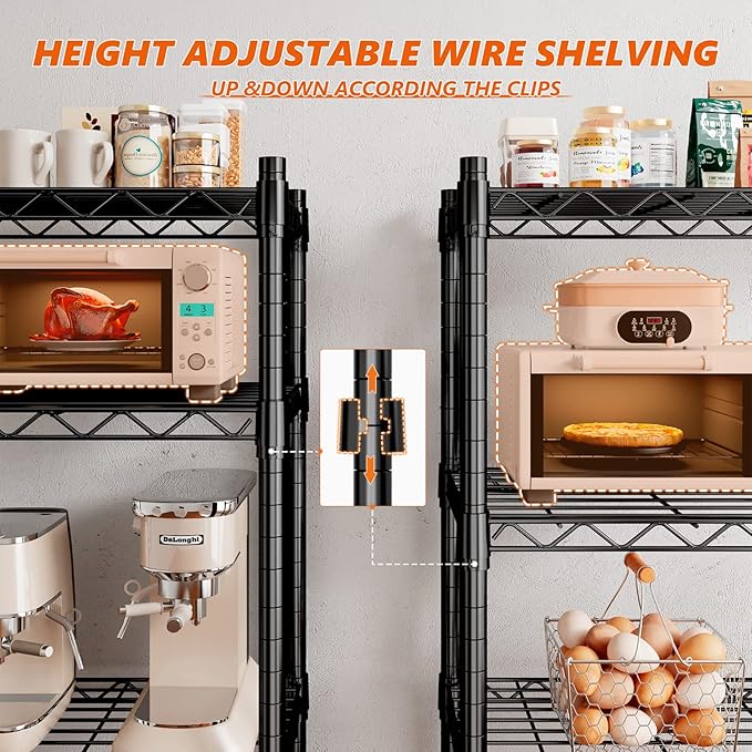 REIBII 73''H Storage Shelves 1660LBS Wire Shelving Unit with Wheels 5 Tier Metal Shelving,Heavy Duty Metal Shelves for Storage Rack,Commercial Industrial for Garage Kitchen 73''HX35''WX15''D,Black