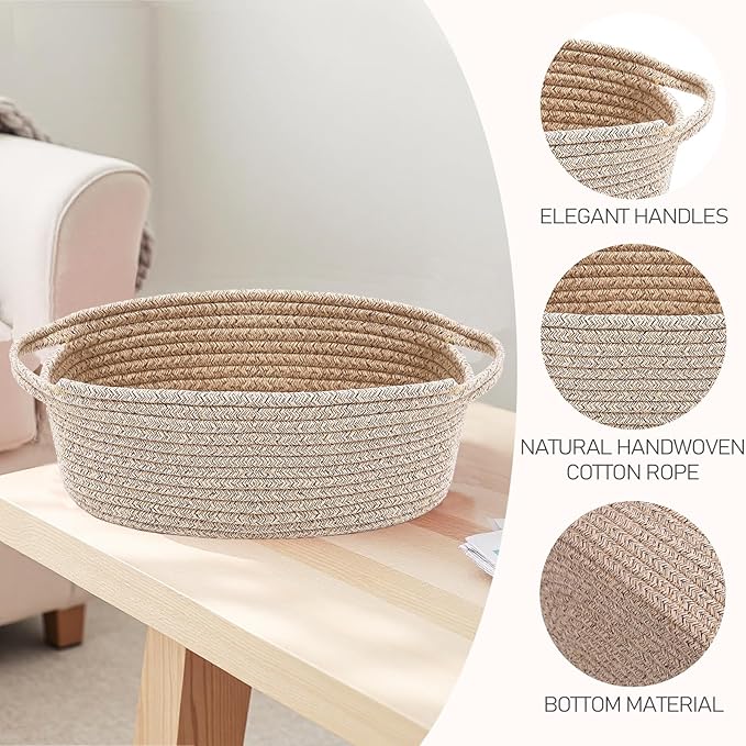 JMvicyroam Woven Basket,Small Rope Storage Bin with Handles & Ribbon Bag, Organizer for Shelves Closets,Gift Basket Empty for Birthday,Books,Dog Toys,Oatmeal