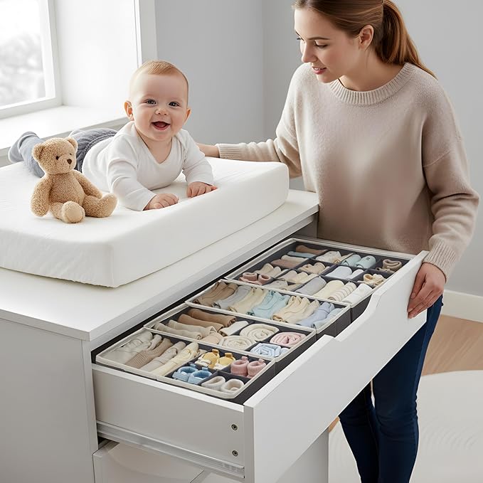 DECOMOMO Drawer Organizer for Baby – 12 Pack Clothes Organizer & Storage Dividers for Nursery, Storage Bins for Underwear, Bra, Socks, Diapers & Newborn Essentials (Grey)