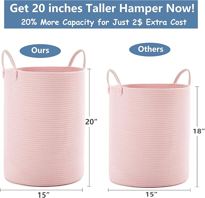 Large Pink Laundry Basket 15x20 Inches, 60L Woven Rope Hamper for Baby Girls and Kids, Tall Nursery Storage Bin, Kawaii Bedroom Laundry Hamper