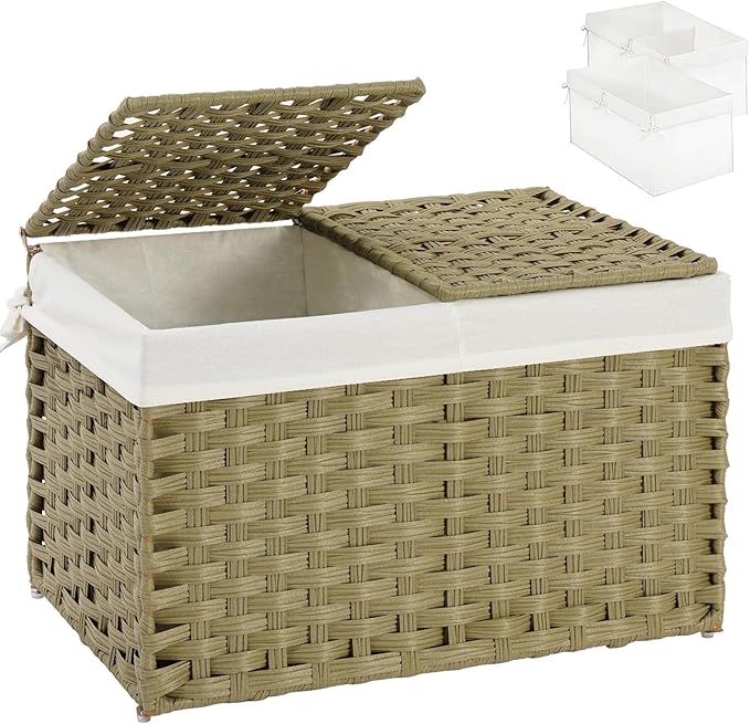 SETVSON Storage Basket with Lid Rattan Woven Storage Baskets with 2 Separate Lids, 17.2 Gallon (65 L), Wicker Storage Bins Foldable, 2 Removable Liner Bags Handles for Bedroom, Laundry Room Green