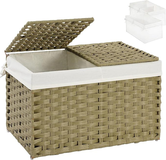 SETVSON Storage Basket with Lid Rattan Woven Storage Baskets with 2 Separate Lids, 17.2 Gallon (65 L), Wicker Storage Bins Foldable, 2 Removable Liner Bags Handles for Bedroom, Laundry Room Green