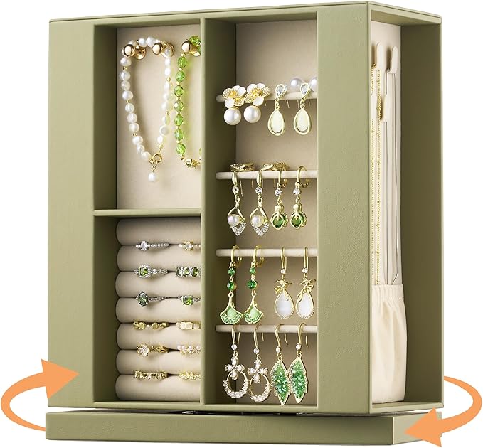 pickpiff Jewelry Box Organizer for Women: 360 Rotating Vertical Storage Case, Black Leather with Blush Velvet, Ring Necklace Bracelet Holder, Gift Decor, 10 x 8.7 x 3.9 in