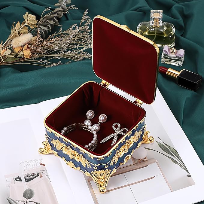 Hipiwe Metal Jewelry Box Decorative Trinket Chest Rectangular Treasure Display Case Keepsake Organizer for Earrings Ring Holder, Blue, 5.1" L x 5.1" W x 3.1" H