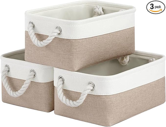 Storage Baskets for Shelves 11.8x7.9x5.2 Inch, Foldable Fabric Storage Bins with Handles, Small Storage Baskets for Organizing Closet, Office, Home Organization (3-Pack, White&Khaki)