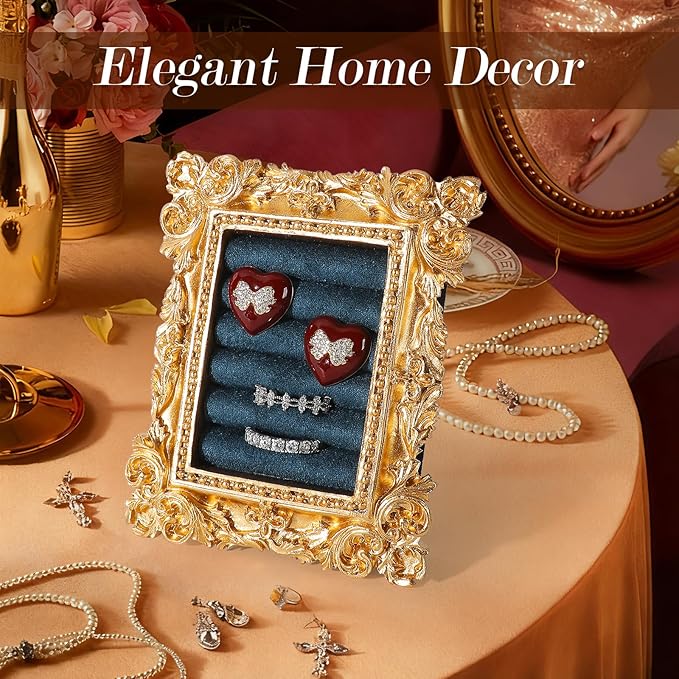 Vintage Ring Holder Rectangle Gold Velvet Display Stand - Baroque Jewelry Organizer Box Tray for Wedding Engagement Anniversary Women Birthday Christmas Gift Photograph Prop (MPF05-Gold Blue)