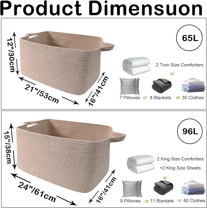96L Large Blanket Basket,24"x16"x15"Rectangle Storage Bin with Handles,Woven Rope Laundry Basket for Toys, Clothes,Magazines,Home Organization,Nursery,Living Room & Bedroom,Brown