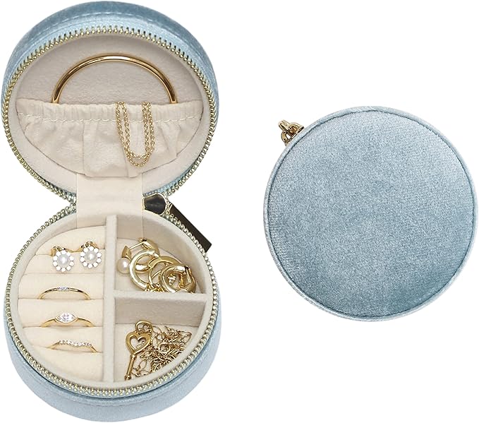 BLUTETE Velvet Travel Jewelry Case Small Round Travel Jewelry Organizer Jewelry Accessory Storage Case Gift Jewelry Box (Sky Blue/Round)