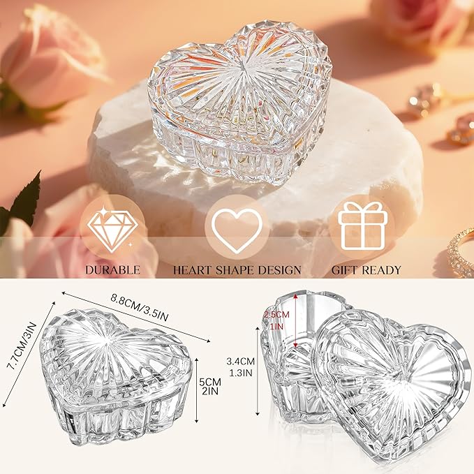 kanpura Clear Glass Jewelry Box Heart Shape Cute Box for Storage Ring Earring Trinket Vintage Decorative Glass Jar with Lid Christmas Gift for Women, Mom