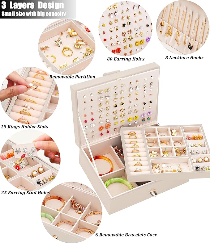 QBestry Girls Jewelry Box Earring Holder Organizer for Girls Jewelry Organizer Box Stud Earrings Organizer for Girl Womens Beige Jewelry Box for Earrings and Necklaces Rings Stud Earring Box for Teen