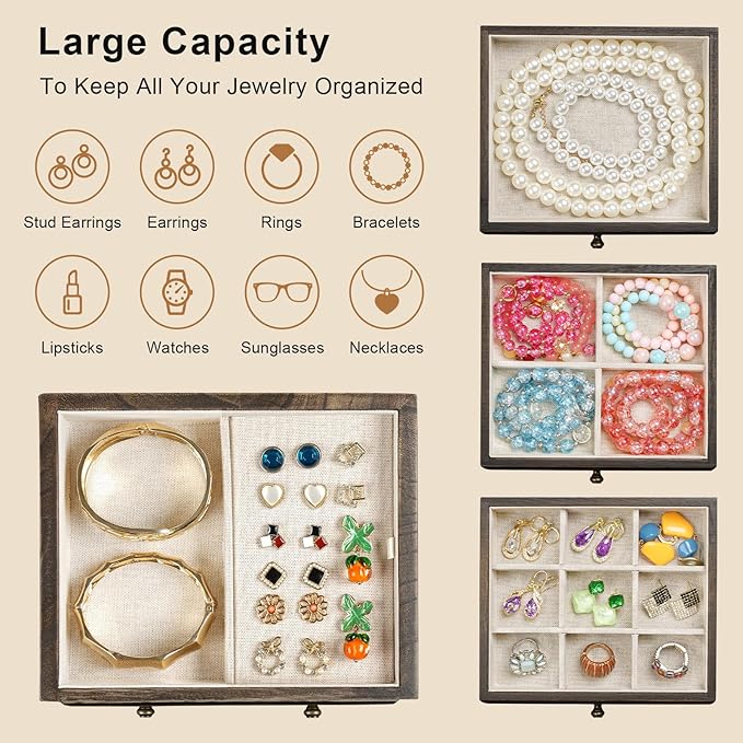 Jewelry Box for Women, Rustic Wooden Jewelry Boxes & Organizers with Mirror & Drawers,6 Layer Jewelry Organizer Box for Rings Earrings Necklaces Bracelets (Vintage)