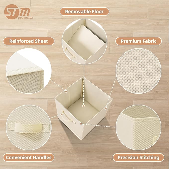 STORAGE MANIAC Storage Cubes, 11 Inch Collapsible Storage Bins with Handles, 6 Pack Fabric Foldable Bins for Organization, Durable Storage Bins for Closet, Shelves, Offices, Toys, Beige