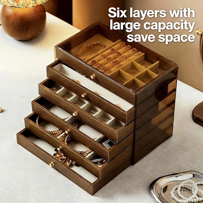 Wooden Jewelry Box Organizers and Storage for Girls Women 6 Drawers Multi-Layer Storage Case for Rings Earrings Necklaces Bracelets Vintage Box