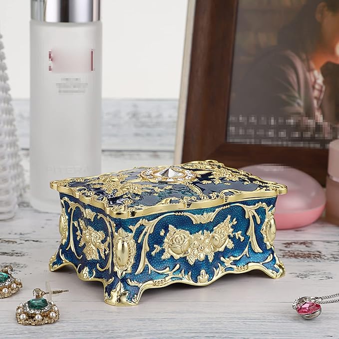Hipiwe Vintage Jewelry Box, Small Enameled Trinket Box Organizer Rectangular Treasure Chest Box Jewelry Decorative box Keepsake Gift Box Case for Women,3.7x 2.7x 2 inch
