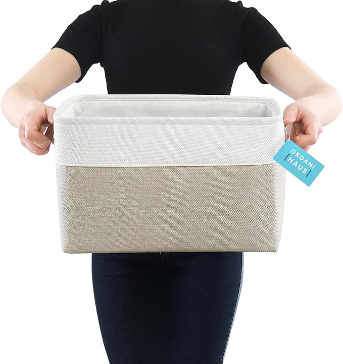 OrganiHaus Large Fabric Storage Baskets for Shelves 3 Pack, 15x11in Closet Storage Bins, Canvas Storage Bin for Organizing, Cloth Baskets, Linen Closet Organizers, Beige/Off-White