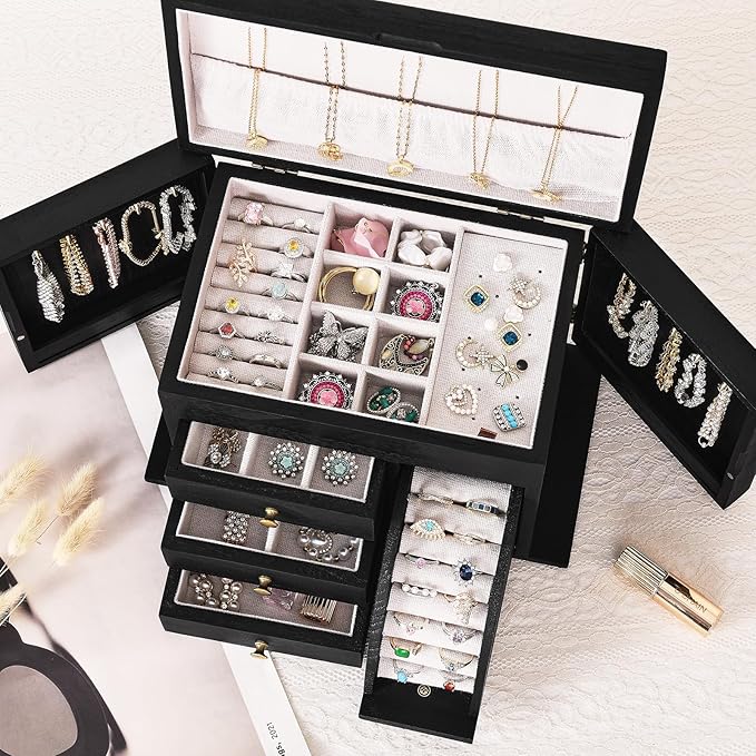Poyilooo Jewelry Box Organizer, Solid Wood Jewelry Boxes for Women, Double Layer Jewelry Organizer Box Display Earring Necklace Bracelet Ring, Rustic Style Small Jewelry Box for Girls (Black)