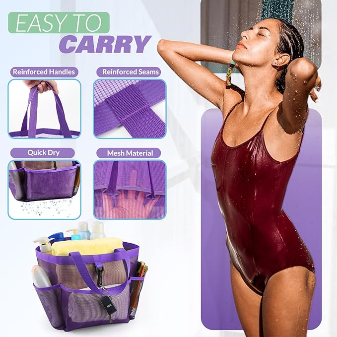 LOYEE Mesh Shower Caddy Portable for College Dorm Room Essentials with 8 Pockets, Shower Bag for Beach, Swimming, Gym, Travel, Bathroom(All purple)