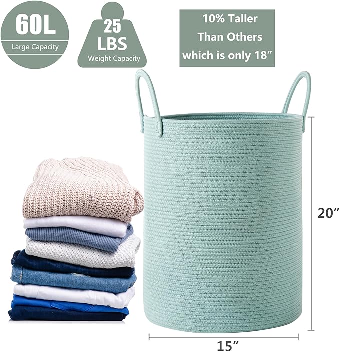 15Dx20H Inches Tall Green Cotton Rope Laundry Hamper Woven Basket for Clothes Blanket Storage in Bedroom Living Room for Baby Nursery Kids Toys Organize 62L Large Capacity