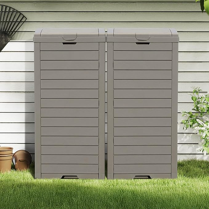 DWVO 38 Gallon Large Outdoor Trash Can, 2-Pack Waterproof Resin Hideaway Garbage Bin with Lid and Drip Tray, Outside Trash Bin for Porch, Backyard, Deck, Patio, Poolside, Easy to Clean, Taupe