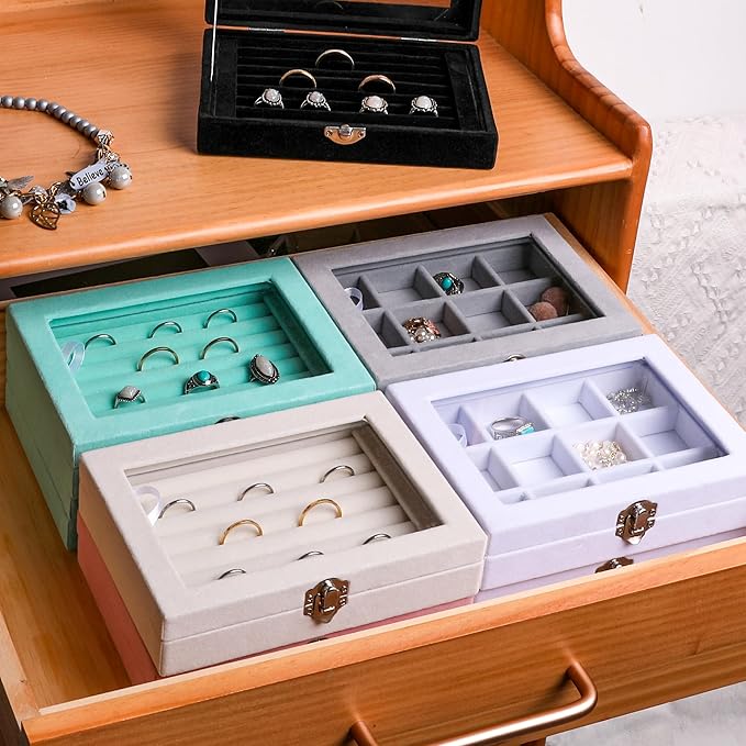 Frebeauty Rings/Earring Organizer Tray with Clear Lid,7 Slots Ring Box Velvet Ring Holder Drawer Insert Jewelry Storage Box Jewelry Display Case Jewelry Box Gift for Women and Girls(Pink,7 Slots)