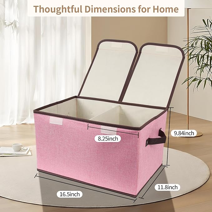 Foldable Fabric Storage Box, 16.5 x 11.8 x 9.8 inches (L x W x H), with Double-Lid & Dividers, Large Organizer for Home, Closet, Office(Pink, 3 Packs)