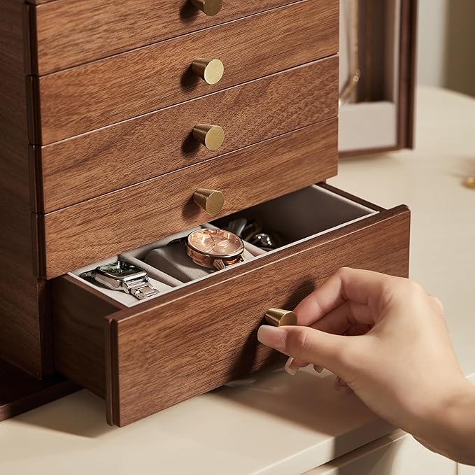 CHOSIN Black Walnut Wooden Jewelry Box, 6-Layer Lockable Wood Jewelry Organizer with Mirror, Side Doors & Brass Handle, Classical Design for Rings, Necklaces, Earrings, Mothers Day Gifts for Mom