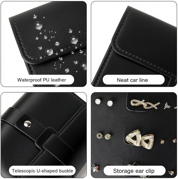 LAKE OF FIRE Earring Holder Organizer with Foldable Book Design Book Organizer, Portable Pu Leather Travel Earring Case (Black)
