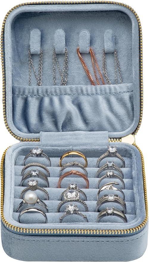 Velvet Multiple Square Ring Box Jewelry Organizer Display Tray with Zipper Around, Earring Holder Case for Wedding Birthday Christmas Valentine Day (Light Ocean Blue)