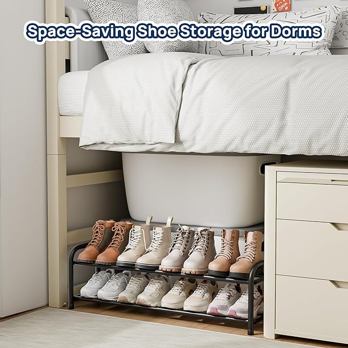 ENJOYBASICS 2 Tier Expandable Shoe Rack for Closet, Free Standing Metal Shoe Shelf Storage Organizer Holder 8 Pairs, Adjustable Width Shoe Rack for Entryway Small Space, Black