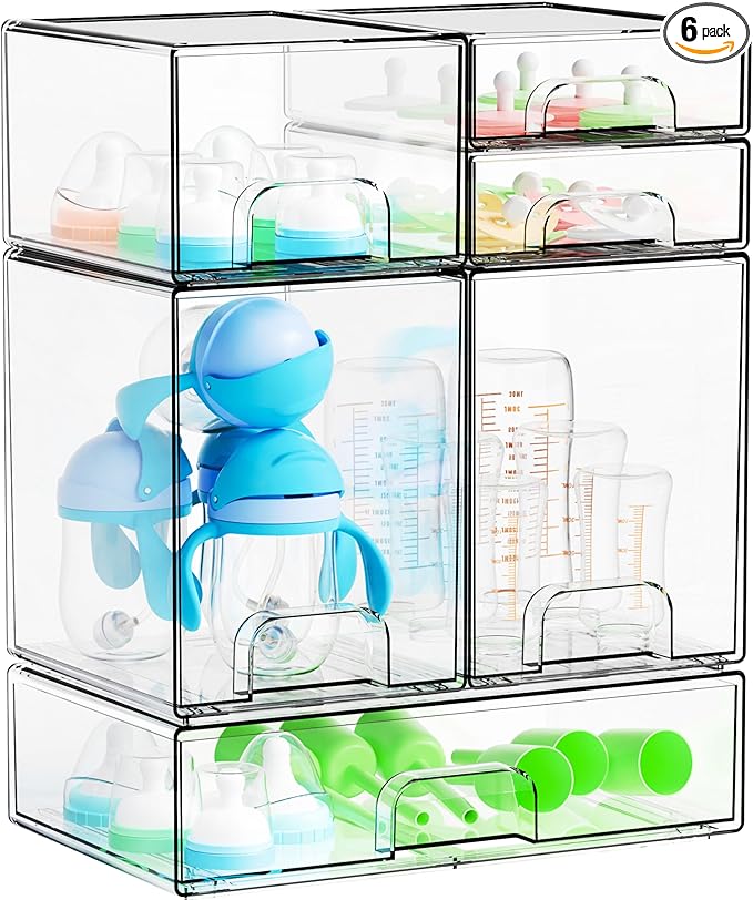 Yieach 6 Set Clear Baby Bottle Organizer for Countertop,BPA FREE Bottle Station Organizer for Breast Pump Parts,Pacifier and Baby Accessories,Stackable Drawers for Bathroom,Cabinet,Pantry Organization