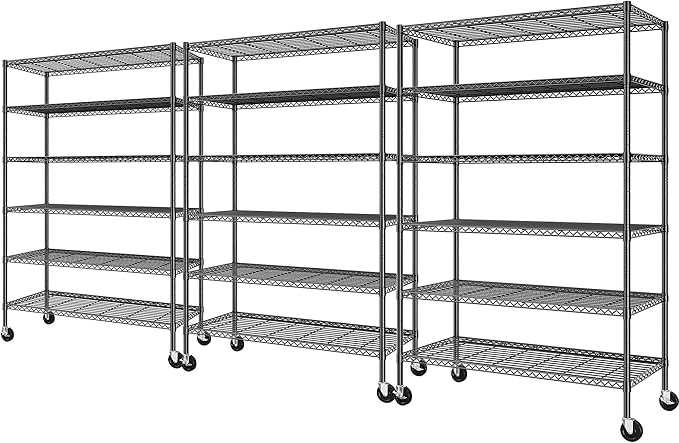 Romorgniz 82" H X45 W X18 D Storage Shelves with Wheels, 6 Tier Wire Shelving Adjustable Metal Shelving Pantry Shelves Capacity 1200LBS for Garage Shelving, Pantry, Kitchen, Closet,Black,3P