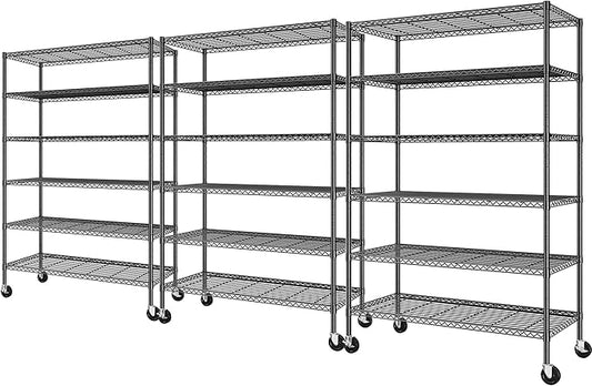 Romorgniz 82" H X45 W X18 D Storage Shelves with Wheels, 6 Tier Wire Shelving Adjustable Metal Shelving Pantry Shelves Capacity 1200LBS for Garage Shelving, Pantry, Kitchen, Closet,Black,3P