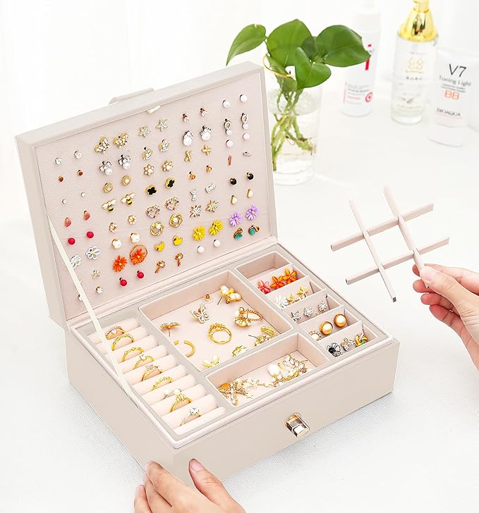 QBestry Girls Jewelry Box Earring Holder Organizer for Girls Jewelry Organizer Box Stud Earrings Organizer for Girl Womens Beige Jewelry Box for Earrings and Necklaces Rings Stud Earring Box for Teen