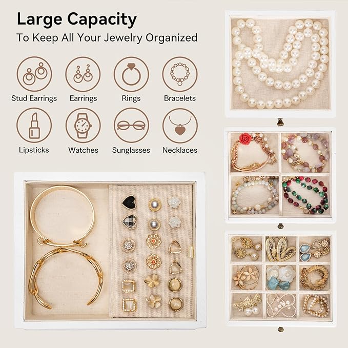Jewelry Box for Women, Rustic Wooden Jewelry Boxes & Organizers with Mirror & Drawers,6 Layer Jewelry Organizer Box for Rings Earrings Necklaces Bracelets ((Weathered White)