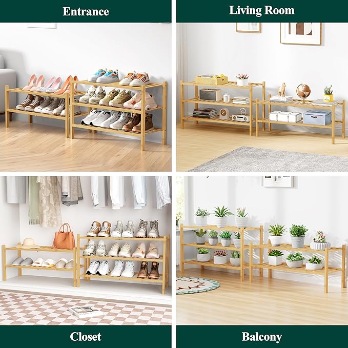 Smiry Bamboo Shoe Rack for Closet, 3 Tier Wooden Stackable Shoe Organizer, Free Standing Shoes Storage Shelf for Entryway, Front Door Entrance, Natural & White