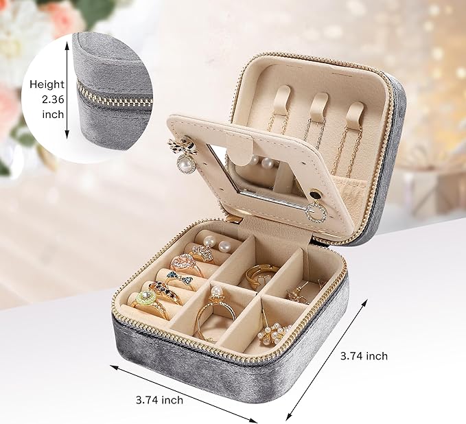 Velvet Travel Jewelry Box for Women - Small Portable Organizer, Storage Case for Rings, Earrings and Girls Necklaces, Ideal Gift for Travel (Gray)