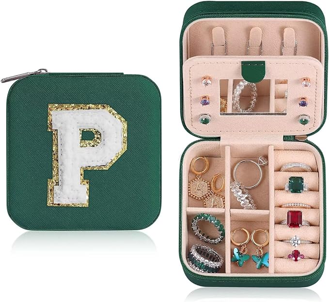 ETHOON Jewelry Travel Case Small Organizer Stocking Box Personalized Gifts Teenage Jewelry Accessories Holiday Christmas Gift for Women Green, Letter P