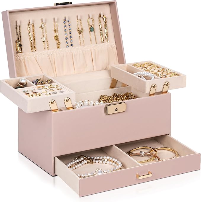 AKOZLIN Travel Jewelry Box Organizer Functional 2-trays Leather Jewelry Storage Case with Lockable Portable Drawer for Women Girls Ring Necklace Earring Bracelet