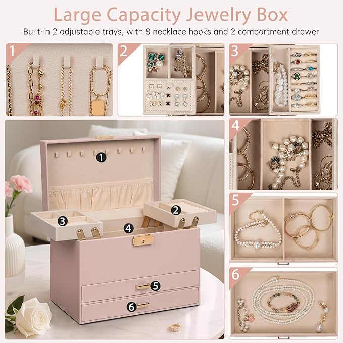 AKOZLIN Travel Jewelry Box Organizer Functional 2-trays Leather Jewelry Storage Case with Lockable Portable 2 Drawers for Women Girls Ring Necklace Earring Bracelet