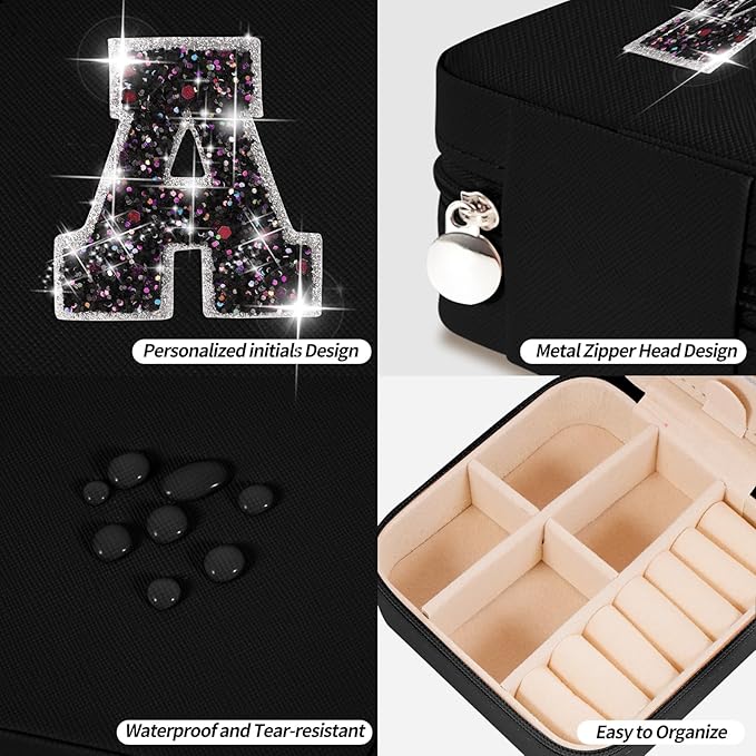 Uygafly Travel Jewelry Case - Personalized Jewelry Box for Women,Small Cute Jewelry Organizer Storage Aesthetic,Travel Essentials Birthday Gifts | Black,A