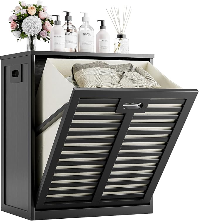 HITNET Tilt Out Laundry Hamper, Bamboo Laundry Cabinet with Pull Out Removable Bag, 20 Gal Clothes Basket with Metal Handle for Bathroom Kitchen, Black