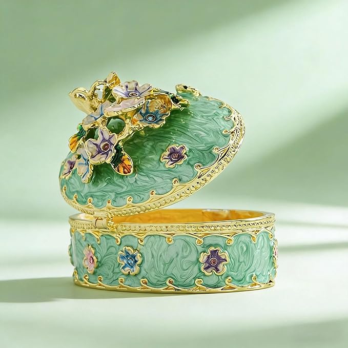 YU FENG Enamel Butterfly Trinket Box Jewelry Organizer, Decorative Hinged Keepsake Box – Green Floral Butterfly Box