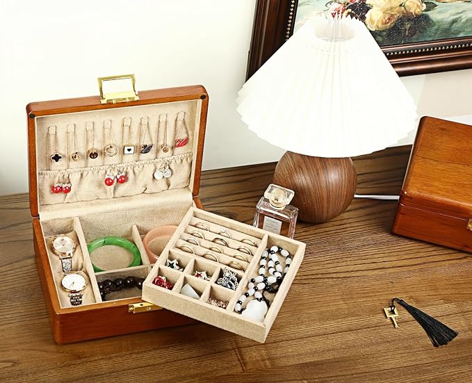 Solid Walnut Wood Jewelry Organizer Box with Lock, 2-Layer Vintage Jewelry Box for Men Women, Velvet-Lined Storage for Earrings Rings Necklaces Bracelets Watches Perfect Father Day Gift Khaki